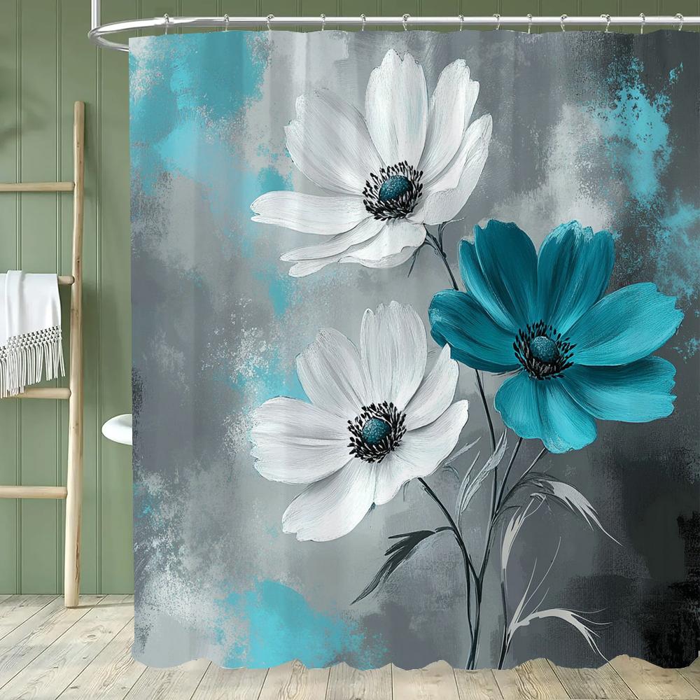 1pc Beautiful Blue Flowers Shower Curtain, Bathroom Decorative Curtain, Floral Printed Polyester Home Curtain with Hooks