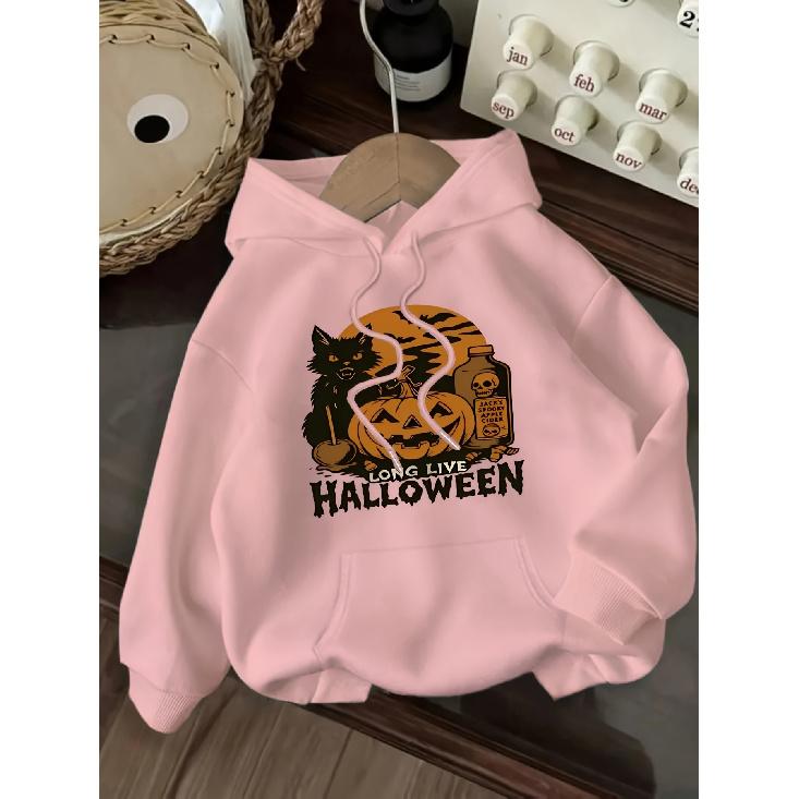 New Women's Casual Fashion Halloween Black Cat & Pumpkin Print Kangaroo Pocket Drawstring Hoodie