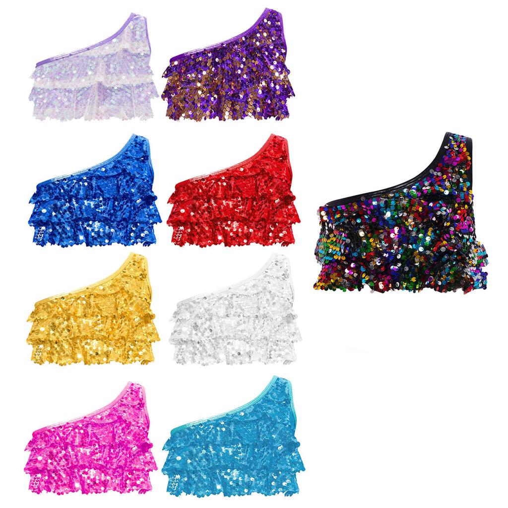 Kids Girls Sequined Dance Top Tiered Ruffles Sleeveless Metallic One Shoulder Vest Performance Outfit