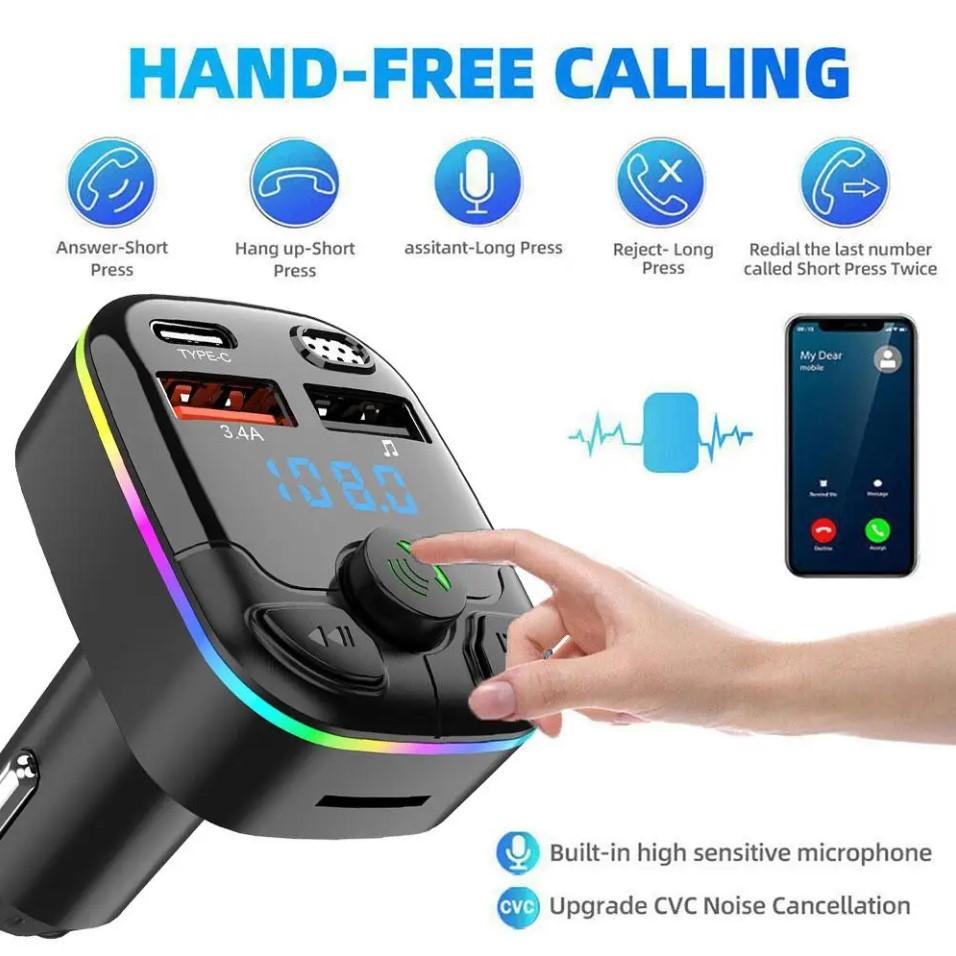 Bluetooth 5.0 Car FM Transmitter PD Type-C Dual USB Ambient Player Car MP3 Charger Type-C Wireless Light 18W Handsfree PD QC3.0