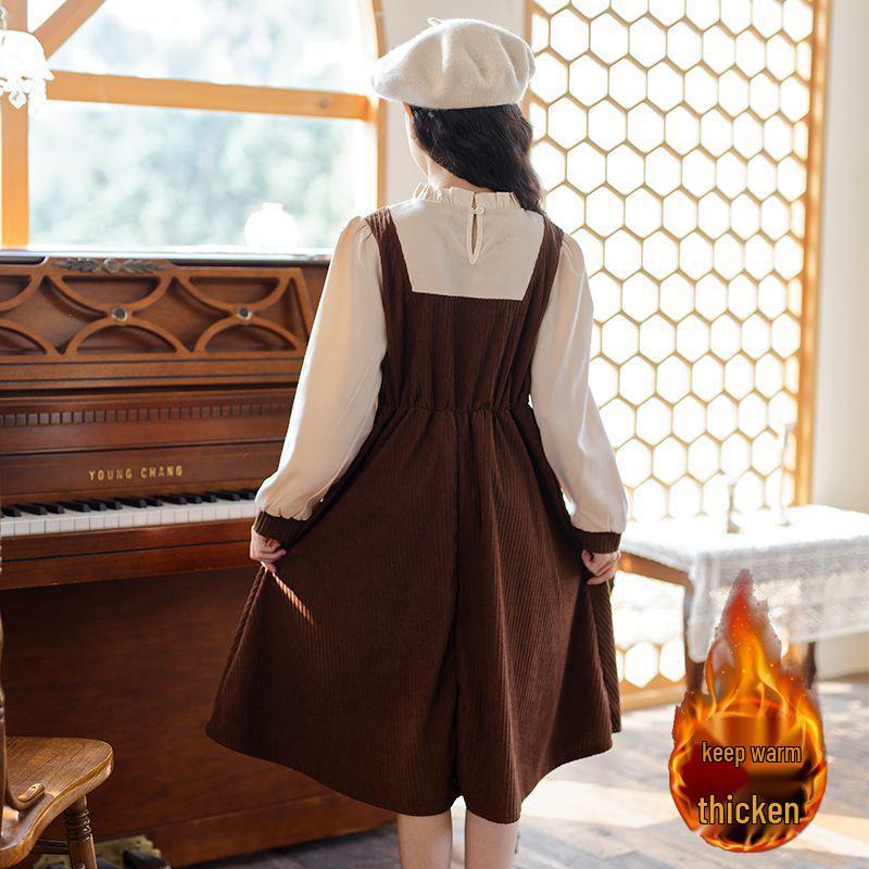 European Cotton Girls' Plush Dress: Fleece-Lined Faux Two-Piece for Medium & Large Children (Autumn/Winter)
