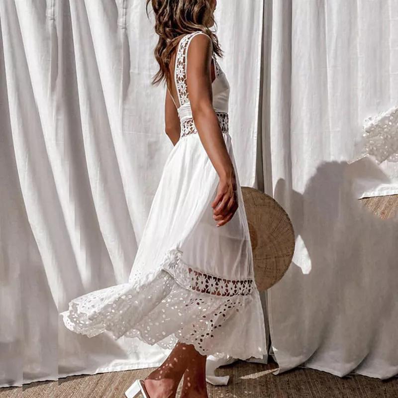 Női női boho csipke maxi ruha Nyári alkalmi nyaralás Beach Long Sundress