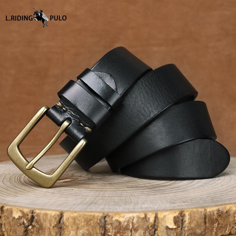 Men's Genuine Leather Belt with Pin Buckle, Retro Pure Copper, Simple and Versatile Jeans Belt