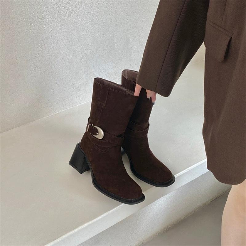 

ALIGUIFEI retro matte leather square head thick heel Martin boots women s wasteland wind thin high heel medium tube knight boots 39