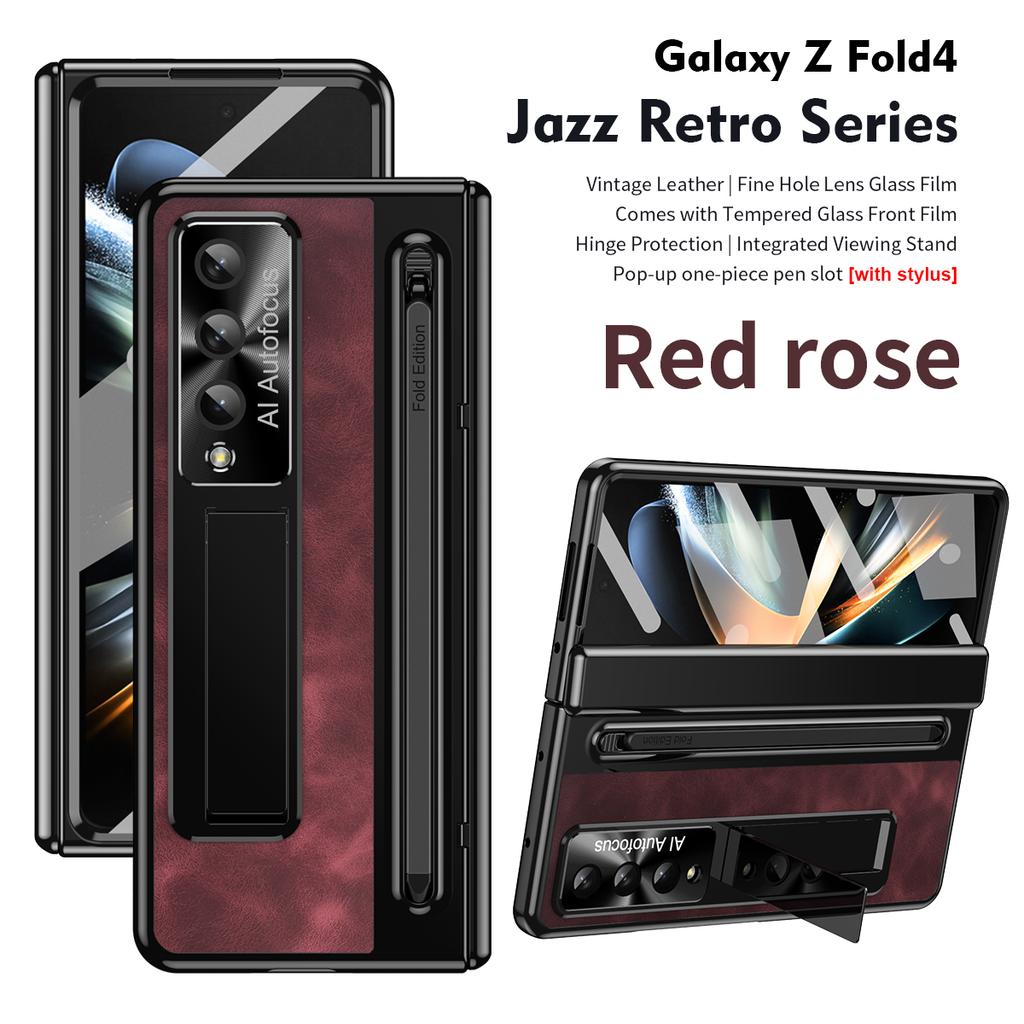 Jazz Retro Series Shockproof Folding Mobile Phone Cases for Samsung Galaxy Z Fold 4 5 6 7 Phone Case with Stylus Tempered Glass