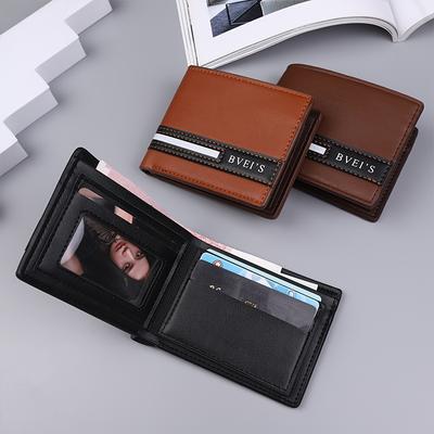 Men'S PU Wallet - Casual Style with Alphabet Pattern, Color Block Detail, Multi-Card Holder, Bifold Short Wallet