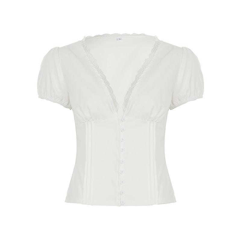 

French Retro Puff Sleeve Lace V-Neck Button-Down Top Large белый