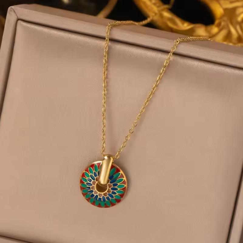 

2 PCS Set Hear/Round Epoxy Earring Necklace Set Gold Color Metal Colorful Epoxy Women‘s Daily Wear Zircon Valentines Gifts