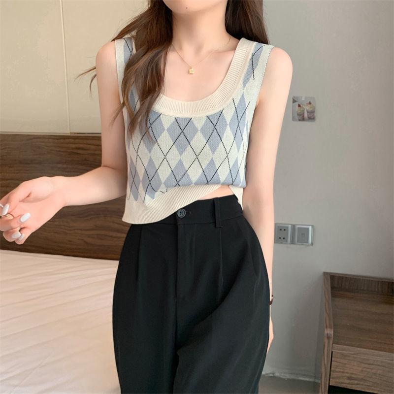 Summer Knitted Argyle Versatile Short Camisole Tank Women's Slim Outerwear Inner Top