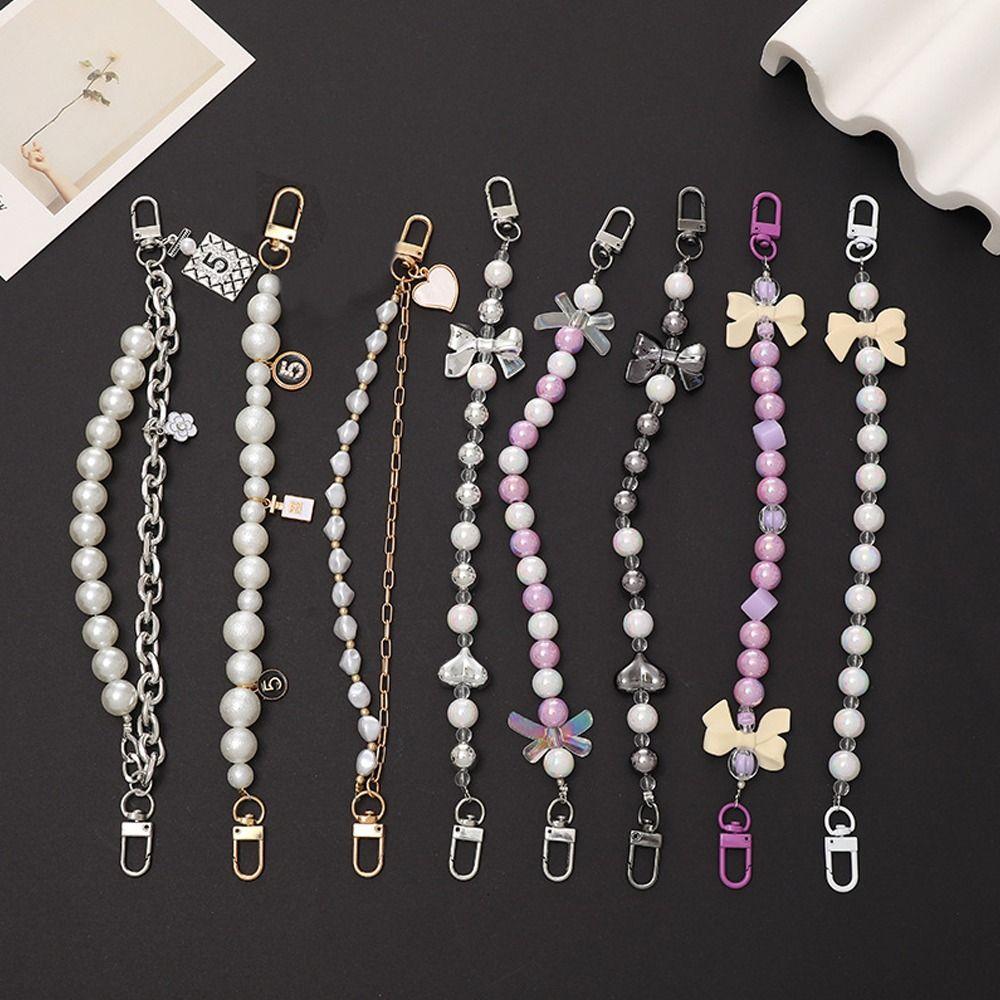 Fashion Acrylic Starry Beaded Chain Keyring Gradient Colorful Bowknot Pendant Detachable Phone Lanyard Bag Accessories