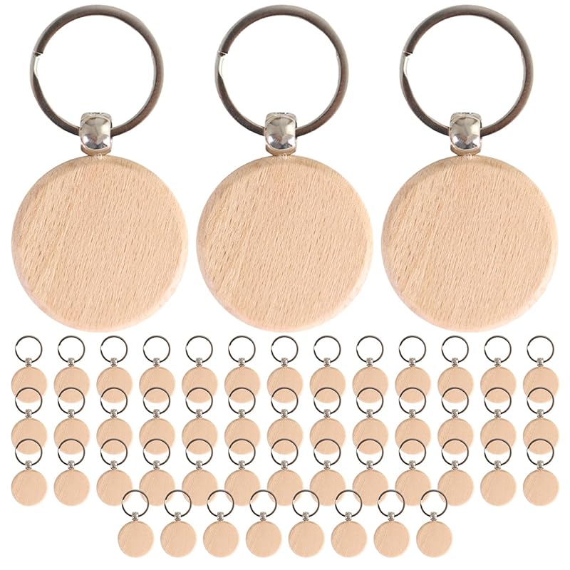

[SATOMO] wooden key ring number tag Plain color locker key craft DIY double ring 50 piece set (Round)