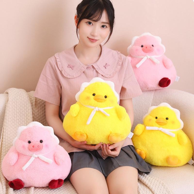 Cute And Fluffy Plush Toy Adorable Fat Duck With Headscarf And Pink Pig Soft And Huggable 30cm
