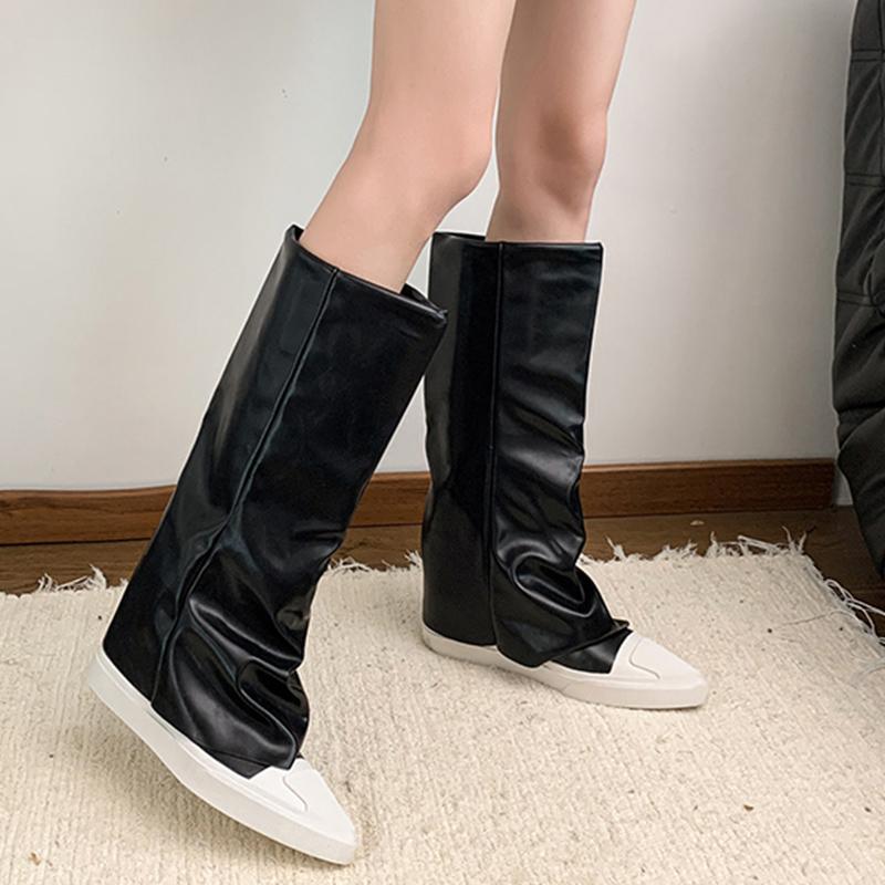 Flats Women High Boots Leather Pointed Toe Designer Fashion Shoes 2025 Trend Winter New Brand Goth Motorcycle Botas De Mujer