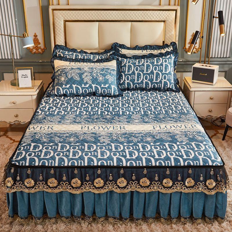 High Grade Winter Crystal Velvet Thicken Quilted Bedspread King Queen Size Flannel Quilting Bed Skirt Including Pillowcase