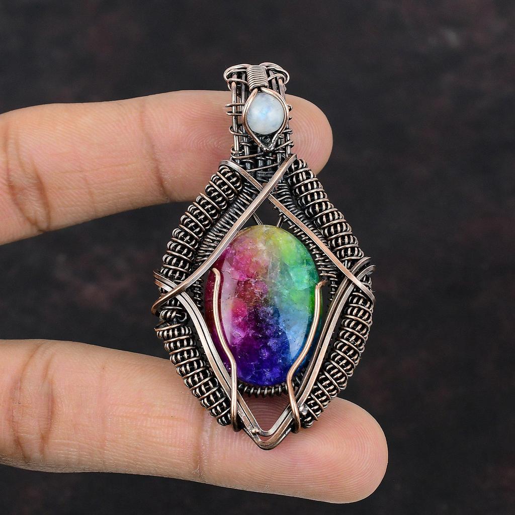 Rainbow Solar Quartz Druzy Copper Wire Wrapped Jewelry Rainbow Moonstone Pendant Copper Gemstone Pendant Handmade Wire Jewelry Gift For Him