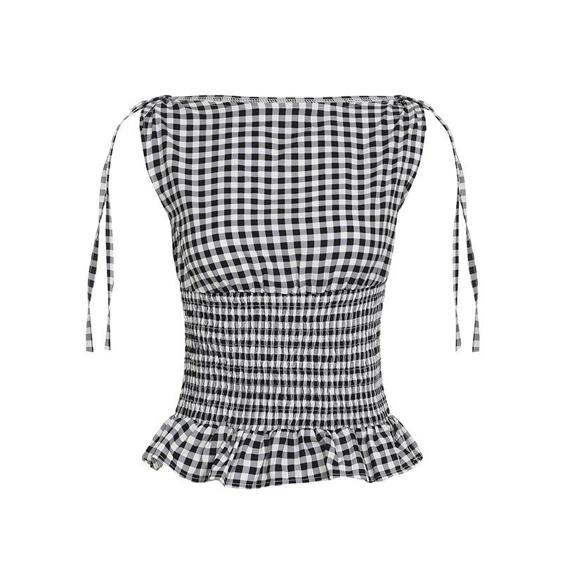 

Darlingaga French Style Retro Black and White Lattice Pattern Shoelace Vest Women s Smocking Drawstring Slim-Fit Sleeveless Shirt Tops Black White S