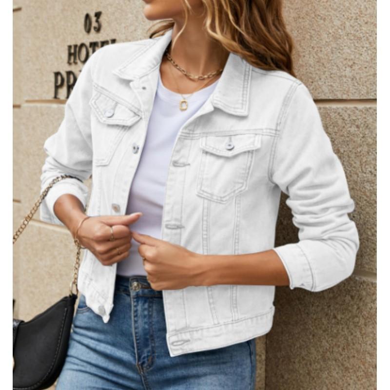 Women's Spring/Autumn Collared Pocket Single-Breasted Short Denim Jacket Solid Color Personalized Slim-Fit Streetwear Jacket