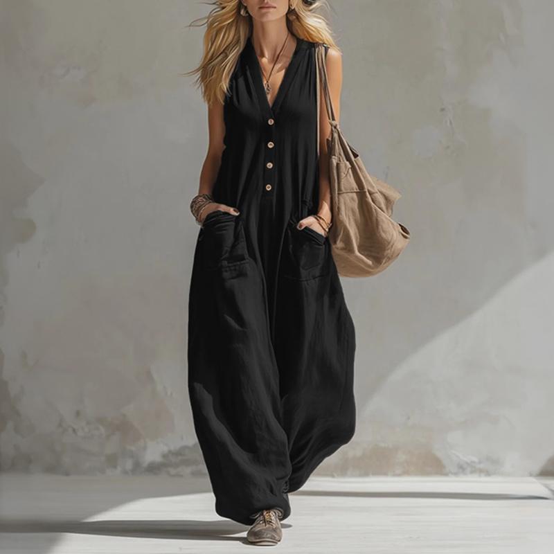 ZANZEA Women Casual V-Neck Sleeveless Loose Long Jumpsuits Overalls S чёрный