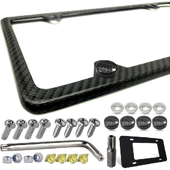 Carbon Fiber License Plate Frame- 100% Handcrafted Real Carbon Fiber Cloth Wrapped Holder, Slim Black Stainless Steel Car Tag Cover With Screws Caps,