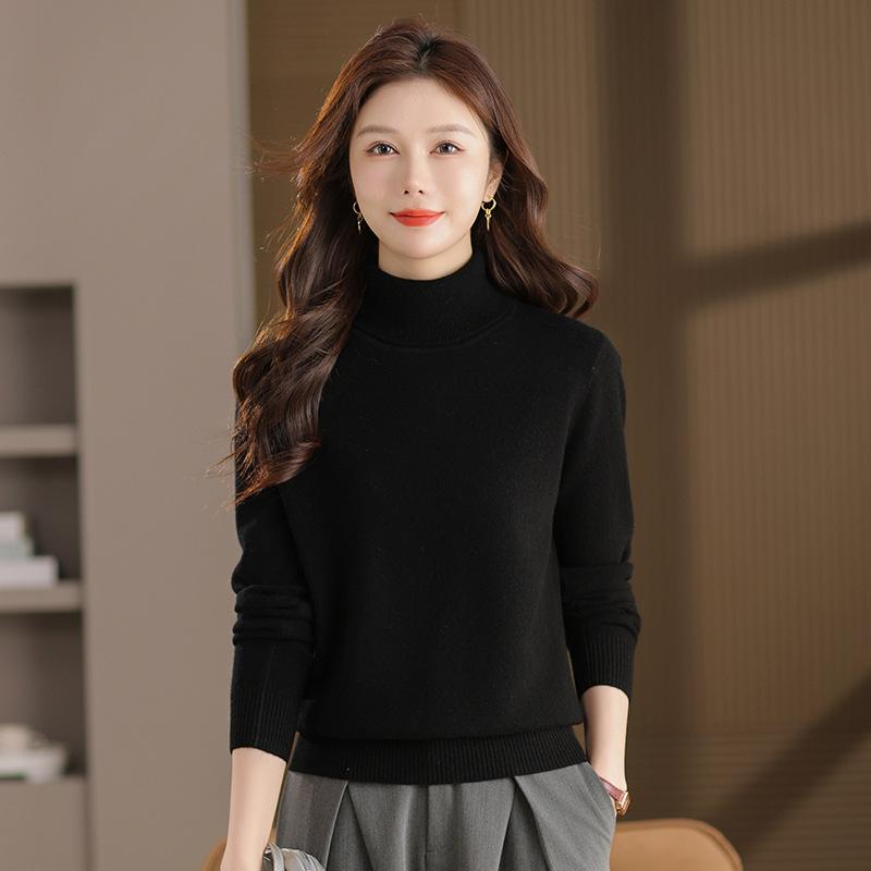 Women's Pure Wool High Neck Pullover: Warm Autumn/Winter Base Layer Long Sleeve Sweater