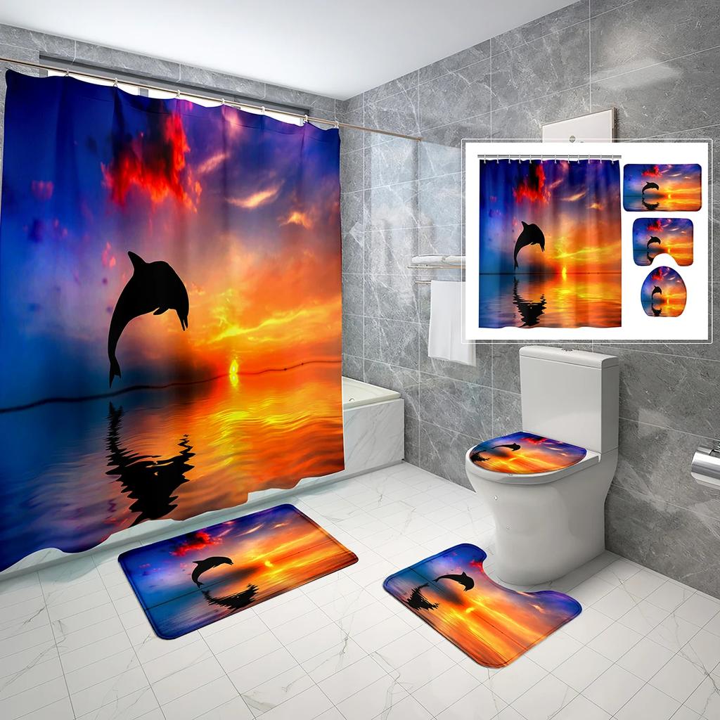 4 Sets Dolphin Shower Curtain Sets With Non-Slip Bath Mat,Toilet Lid Cover And Ocean Animals Blue Sea World Shower Curtain Set
