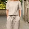 2 Pcs/Set Women Top Pants Set Round Neck Solid Color Short Sleeves T-shirt Lace-up