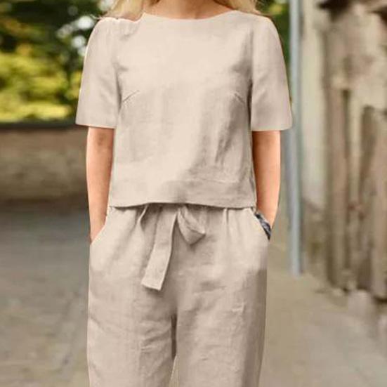 2 Pcs/Set Women Top Pants Set Round Neck Solid Color Short Sleeves T-shirt Lace-up