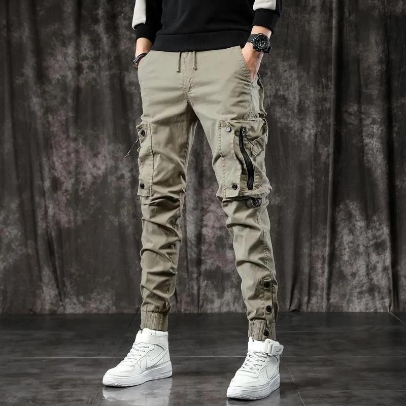 Trendy Men's Spring Autumn Cargo Pants Slim Fit Casual Style Loose Fit American Style Multiple Pocket Small Foot Pants Black