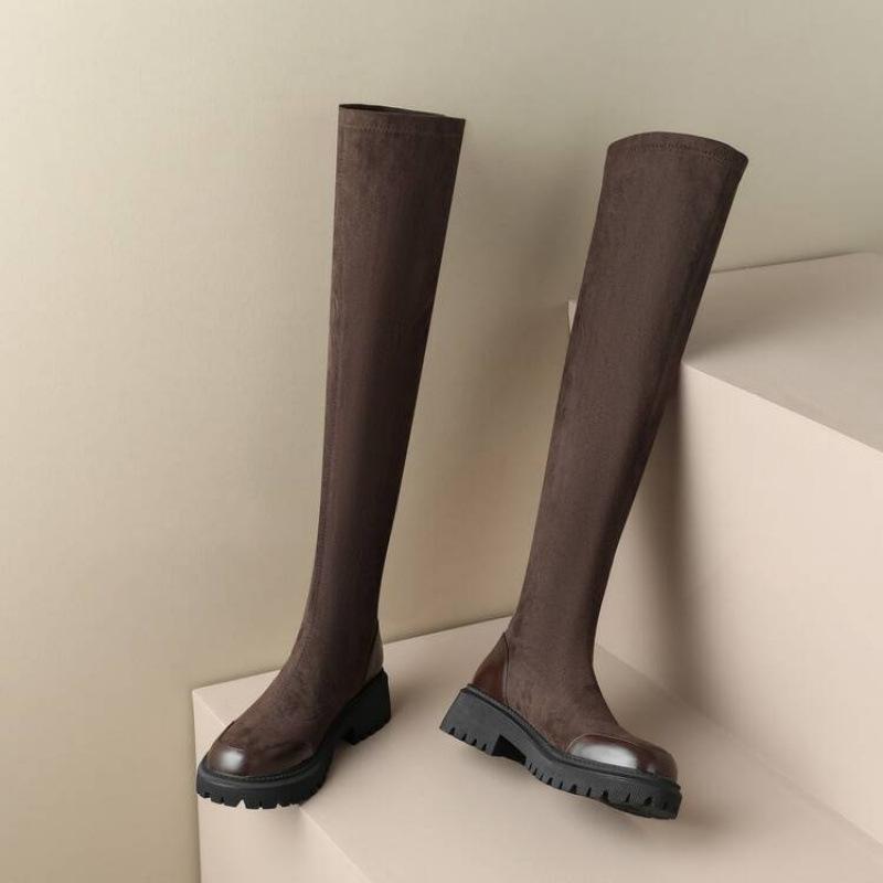 

Осенне-зимние женские ботфорты на толстой подошве, с круглым носком, на среднем каблуке, большого размера, кожаные ботинки-чулки, замшевые ботинки, корейская версия M 39