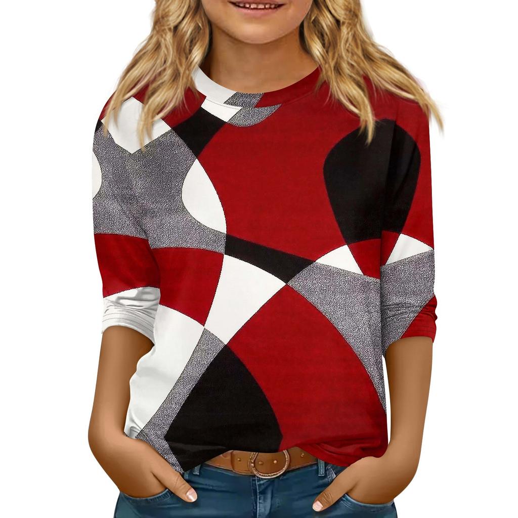 Children's 3/4 Sleeve Tops Casual  Print T Shirt Round Neck Pullover Blouse