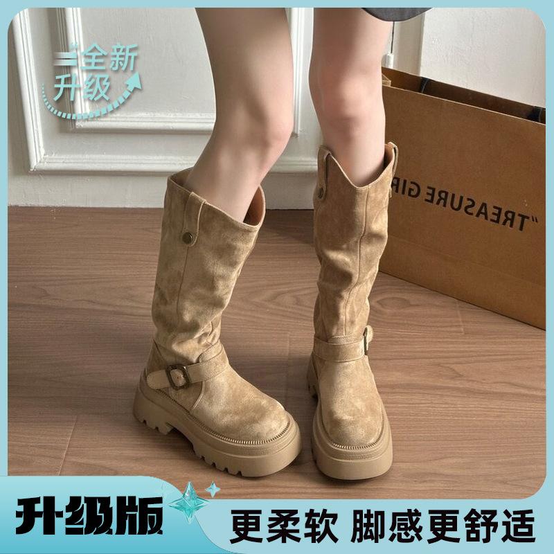 Retro Maillard suede boots women's new autumn western cowboy boots thick-soled heightened and thin boots