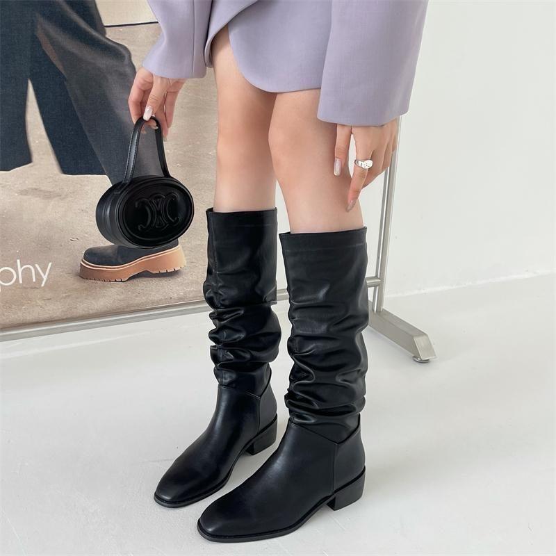 2025 Autumn and Winter Retro Square Head Sleeve Boots Western Boots Knight Boots Women's Foreign Gas High Tube Pleated Knee Boots Thick Heel