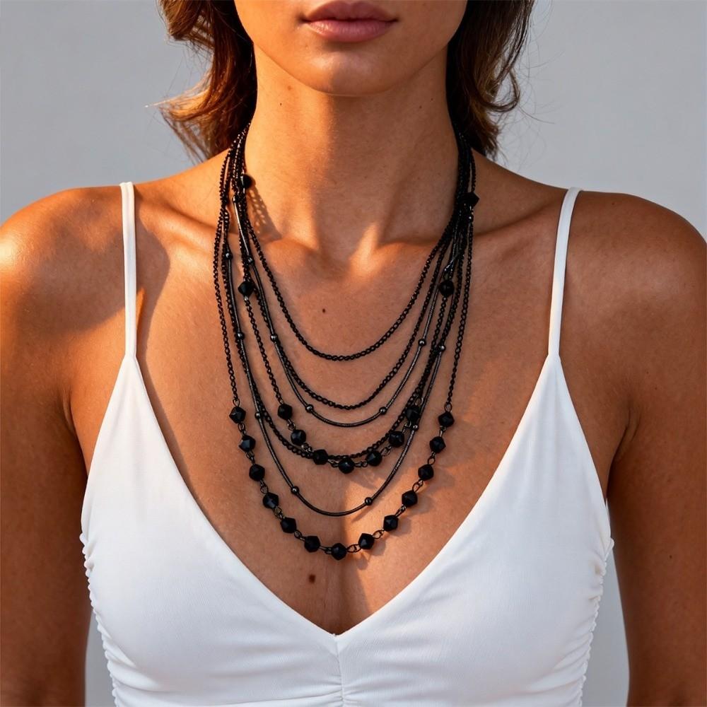 Multi-Layer Beaded Chain Necklace Black Silver Color Stacked Collarbone Chain Women Gift