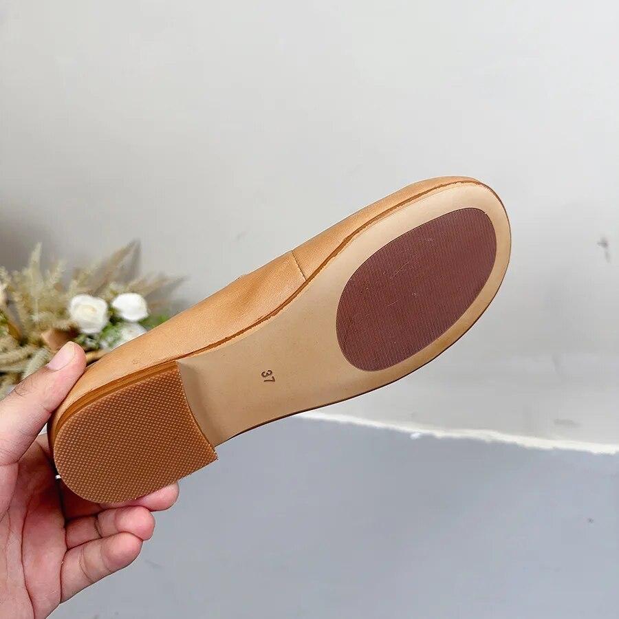 Johnature Genuine Leather Shallow Buckle Low Heel Shoes Solid Color Round Toe Versatile Women's Pumps