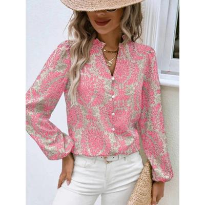 Women's Long Sleeve Shirt V-Neck Embellished Pleated Lantern Sleeves Full Print Button-Up for Summer and Autumn