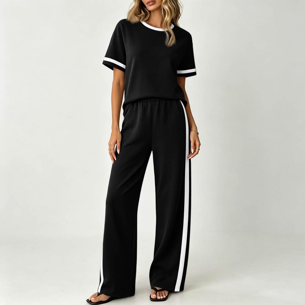 Conjunto de Dos Piezas para Mujer Informal para Estar en Casa Top de Manga Corta y Pantalones de Pierna Ancha Tejido Suave Ajuste Cómodo Estilo Relajado