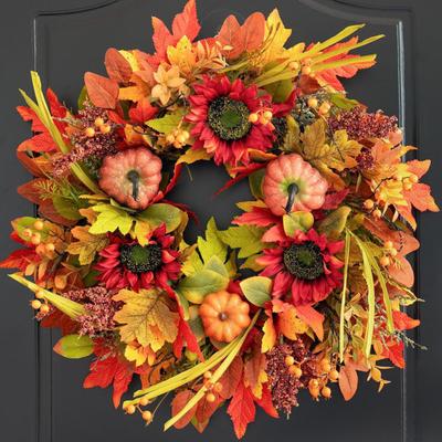 18 Inch Fall Wreath for Front Door Large Autumn Wreath with Artificial Pumpkins Sunflowers Maple Leaves for Harvest Farmhouse Porch Wall Decor