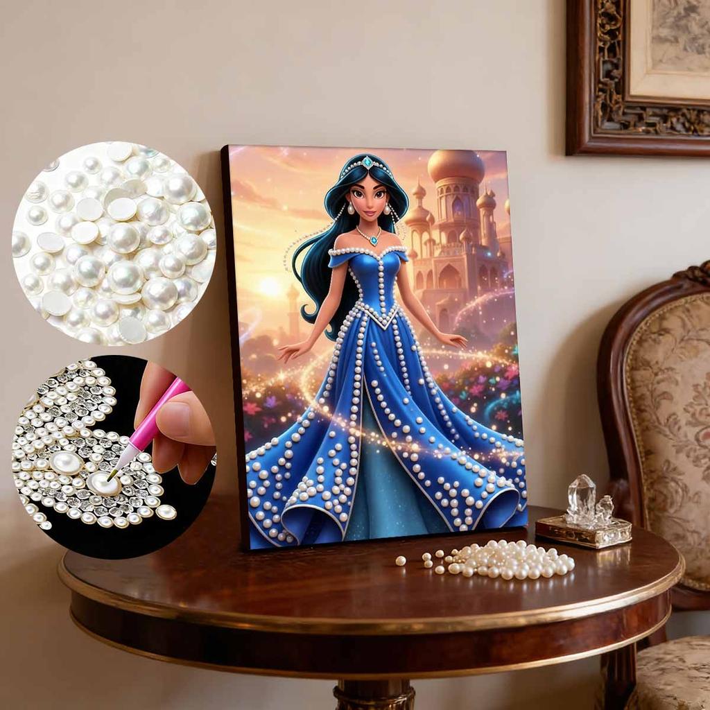 Disney Pearl Painting Jasmine Princess Blue Pearl Strapless Floor Length Dress 5D Pearl Embroidery Cross StitchSetforHomeandClassroomDecorationPurpose