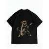 Crewneck T Shirt Black Cat Playing Guitar Print Casual Wear for Women