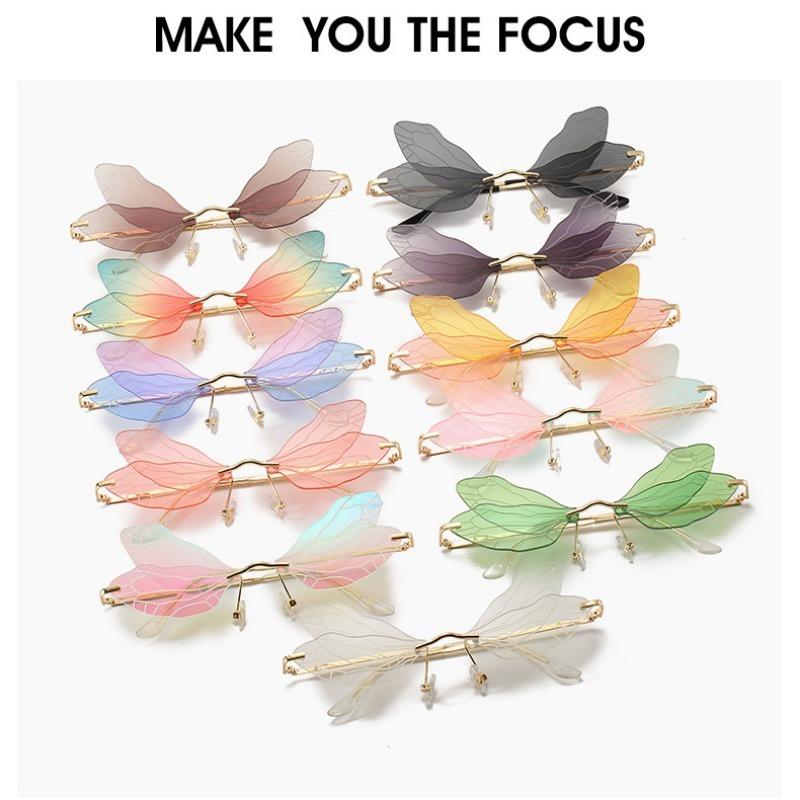 Modische Schmetterlings-Sonnenbrille, randlose Libellenflügel-Sonnenbrille für Damen, Vintage, klare Ozeanlinse, Brillen, Fahrradbrille, UV400