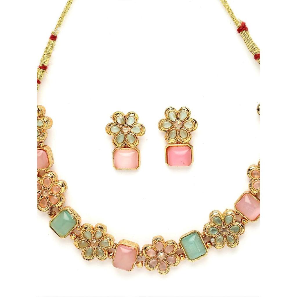 Vergoldetes Halsband-Set mit mehrfarbigem AD-Stein und Ohrringen | Schmuckset für Damen