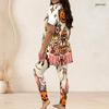 Women Plus Size Two Piece Pants Set Round Neck Short Sleeve Printed Longline Top And Fitted Long Pants