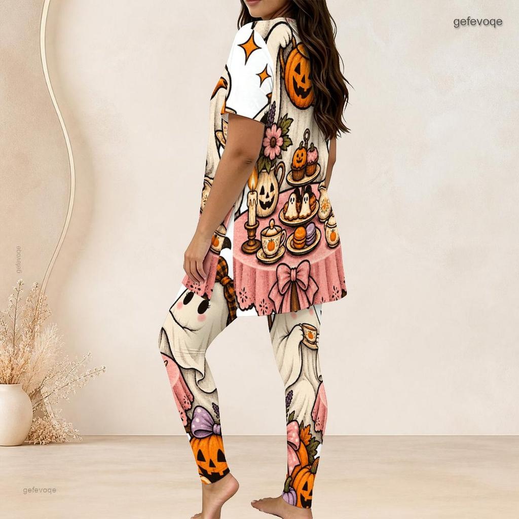 Women Plus Size Two Piece Pants Set Round Neck Short Sleeve Printed Longline Top And Fitted Long Pants