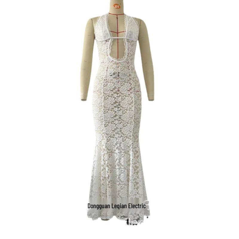 Summer Lace Halter Neck Backless Dress - Solid Color Women's Fashion