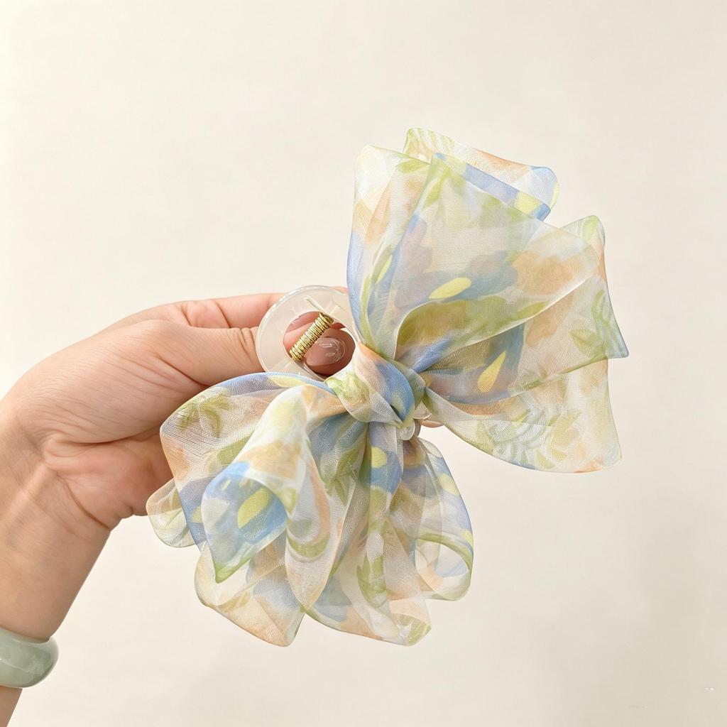 Korean Chiffon Mesh Bow Shark Clip - High-End French Retro Hair Claw with Crystals.