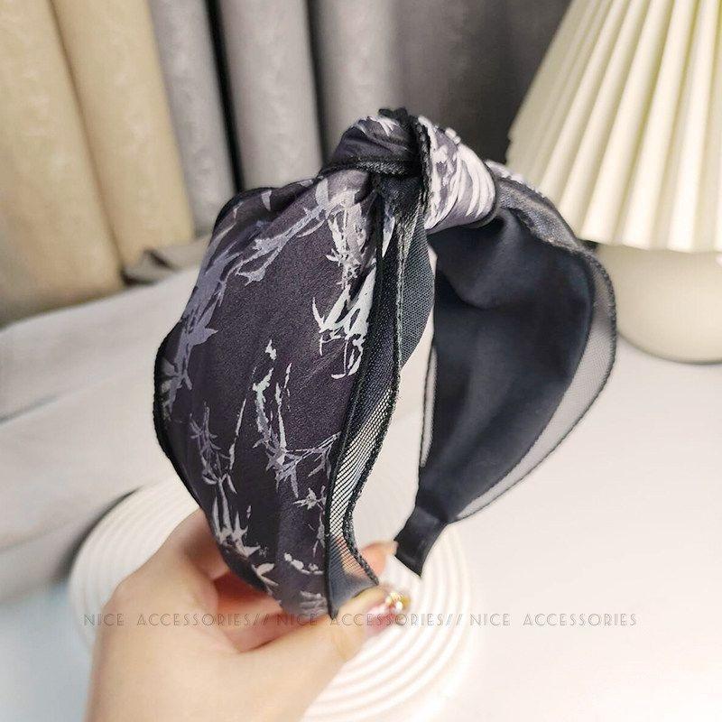 Retro Ink Painting Wide Headband Cross Knotted Mesh Hair Hoop Elegant Women Daily Hair Accessories