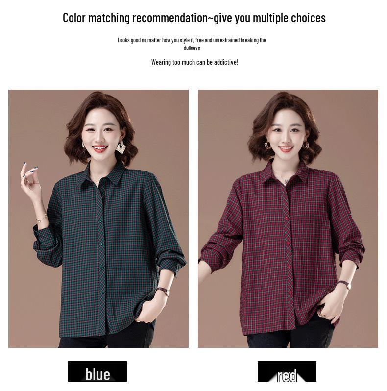 2025 New Autumn Plaid Cotton Shirt for Middle-Aged & Elderly Women - Plus Size, Turn-Down Collar, Cotton Linen