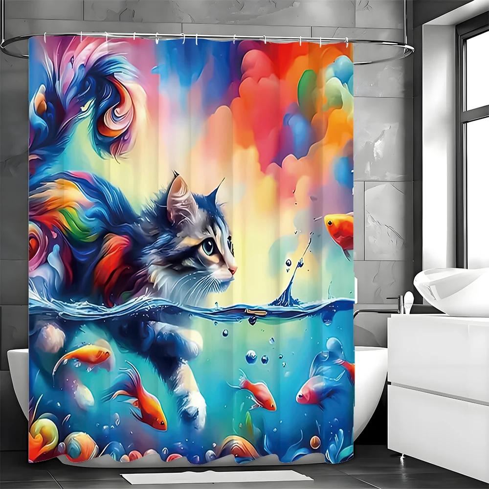 Cute Cat Swimming Goldfish Fantasy Sky Shower Curtain, Bathroom Decorative Shower Curtain, Waterproof Shower Curtain with Hooks