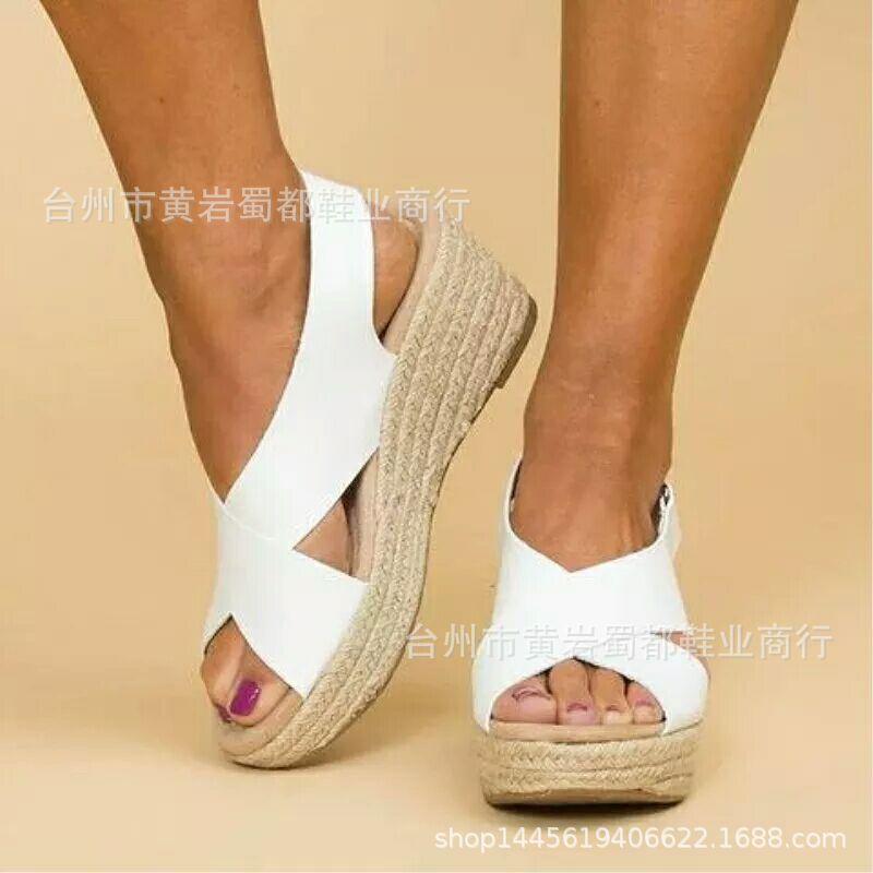 Large size hollow hemp rope muffin thick-soled sandals women's straw buckle wedge heel fish mouth sandals