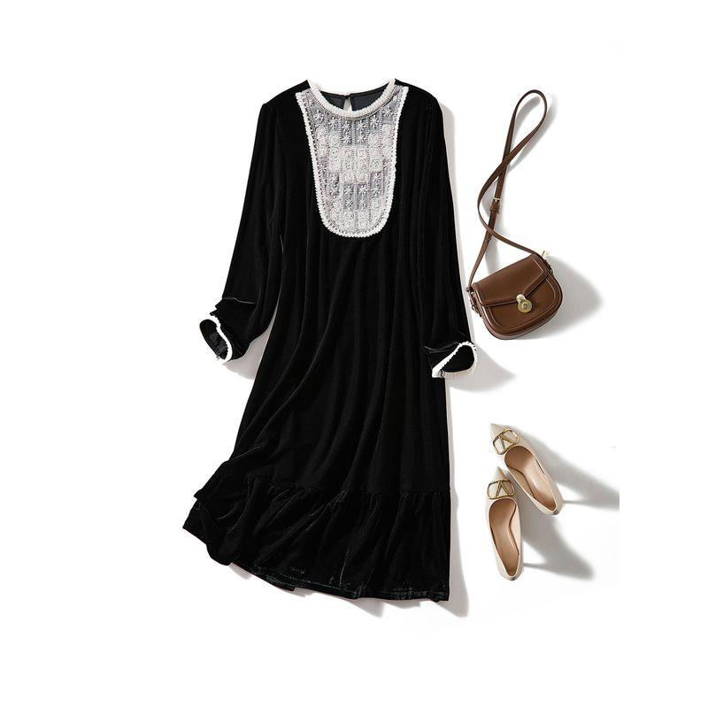 French Style Light Luxury Long Black Dress! Daya Women's Long Sleeve A Word Real Velvet Beads Mesh Stitching Dress Over the Knee
